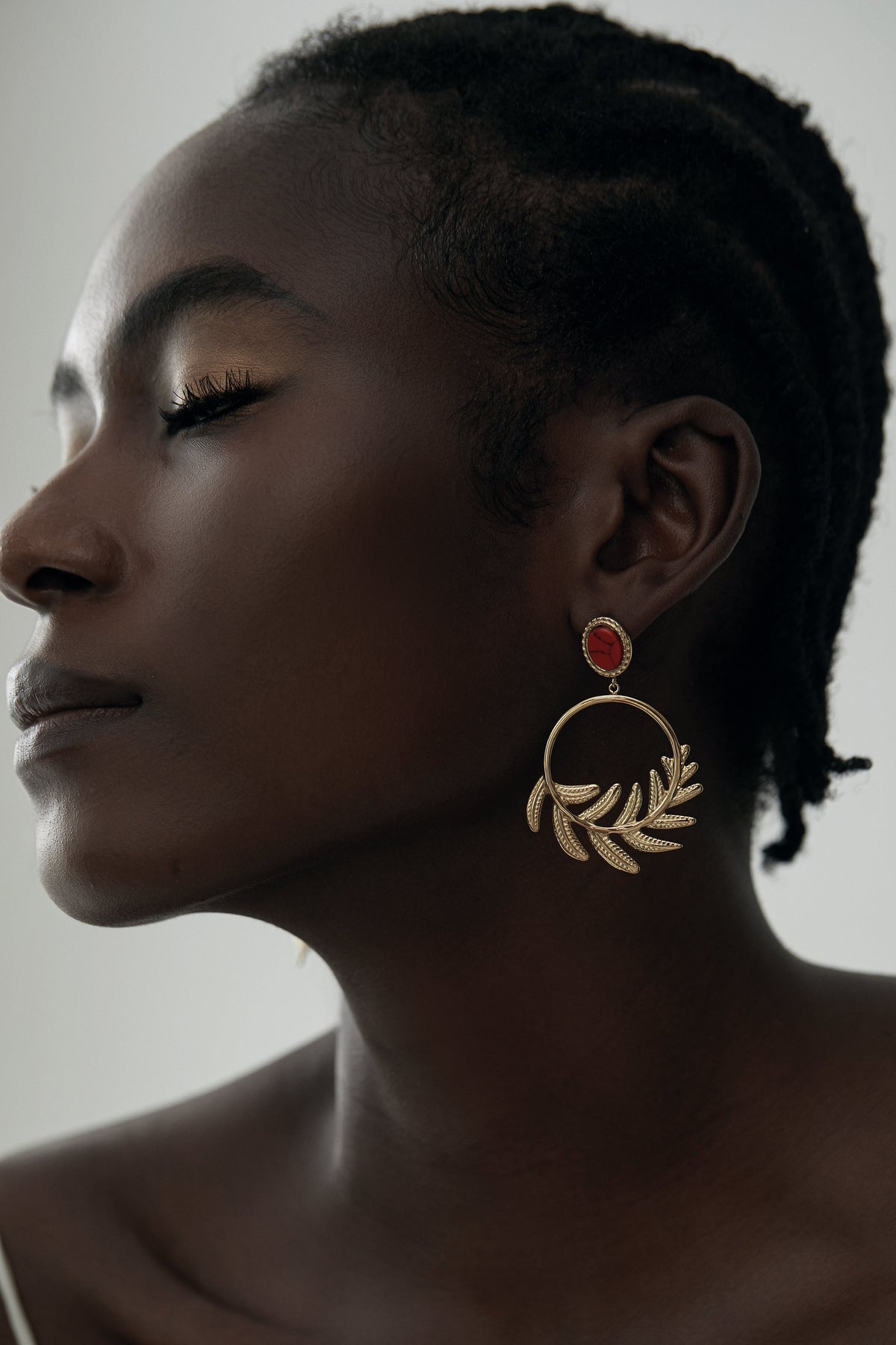 Fern Leaf Dangle Drop Hoop Earrings, Brushed Disc Detail