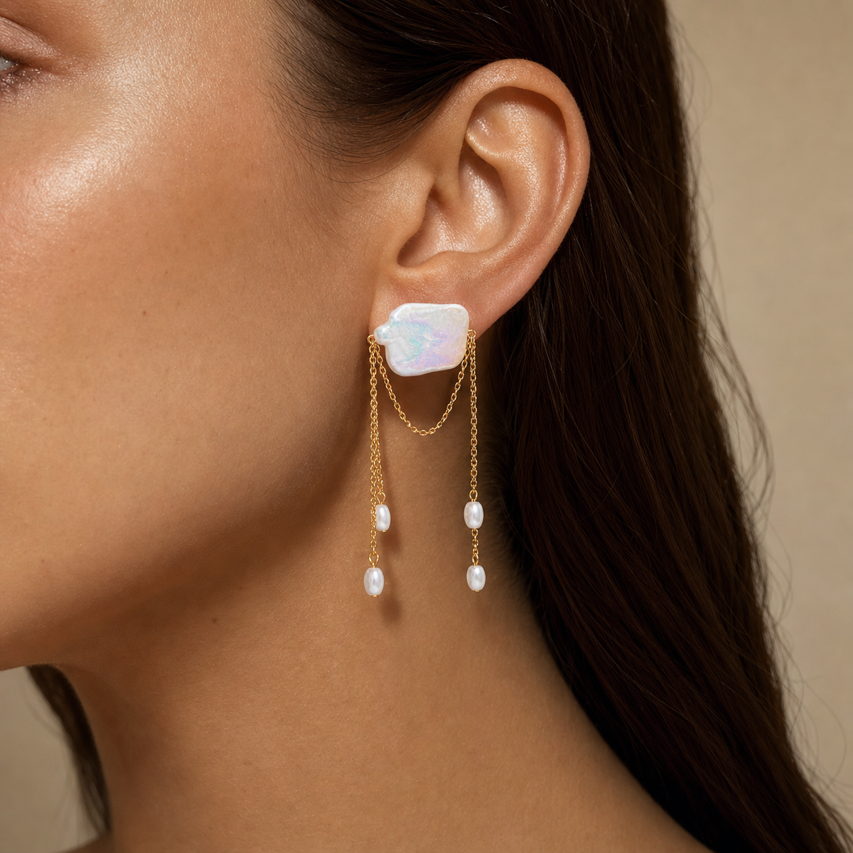 Pearl Layered Chain Drop Earrings, Gold & Silver Tones