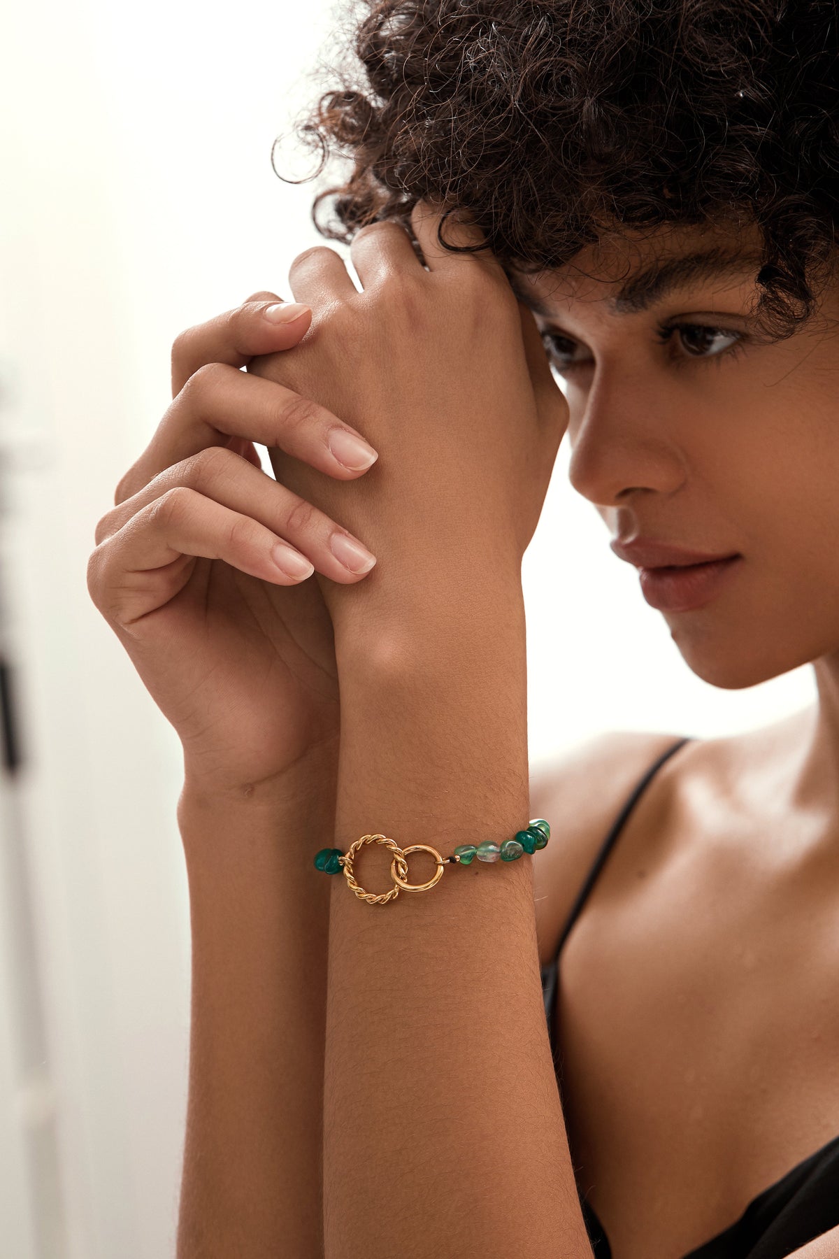 Green Crystal Beads Bracelet, 18K Gold Plated Adjustable Layering Chain