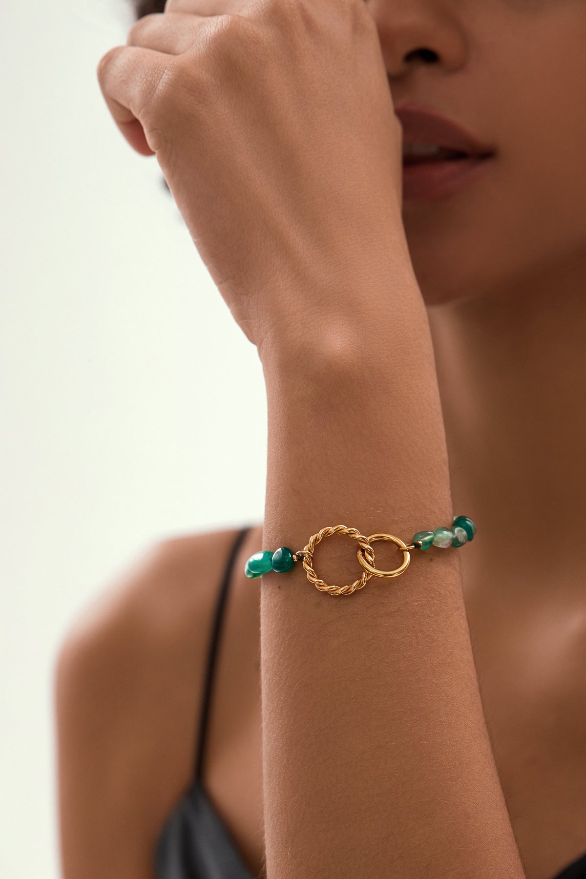 Green Crystal Beads Bracelet, 18K Gold Plated Adjustable Layering Chain