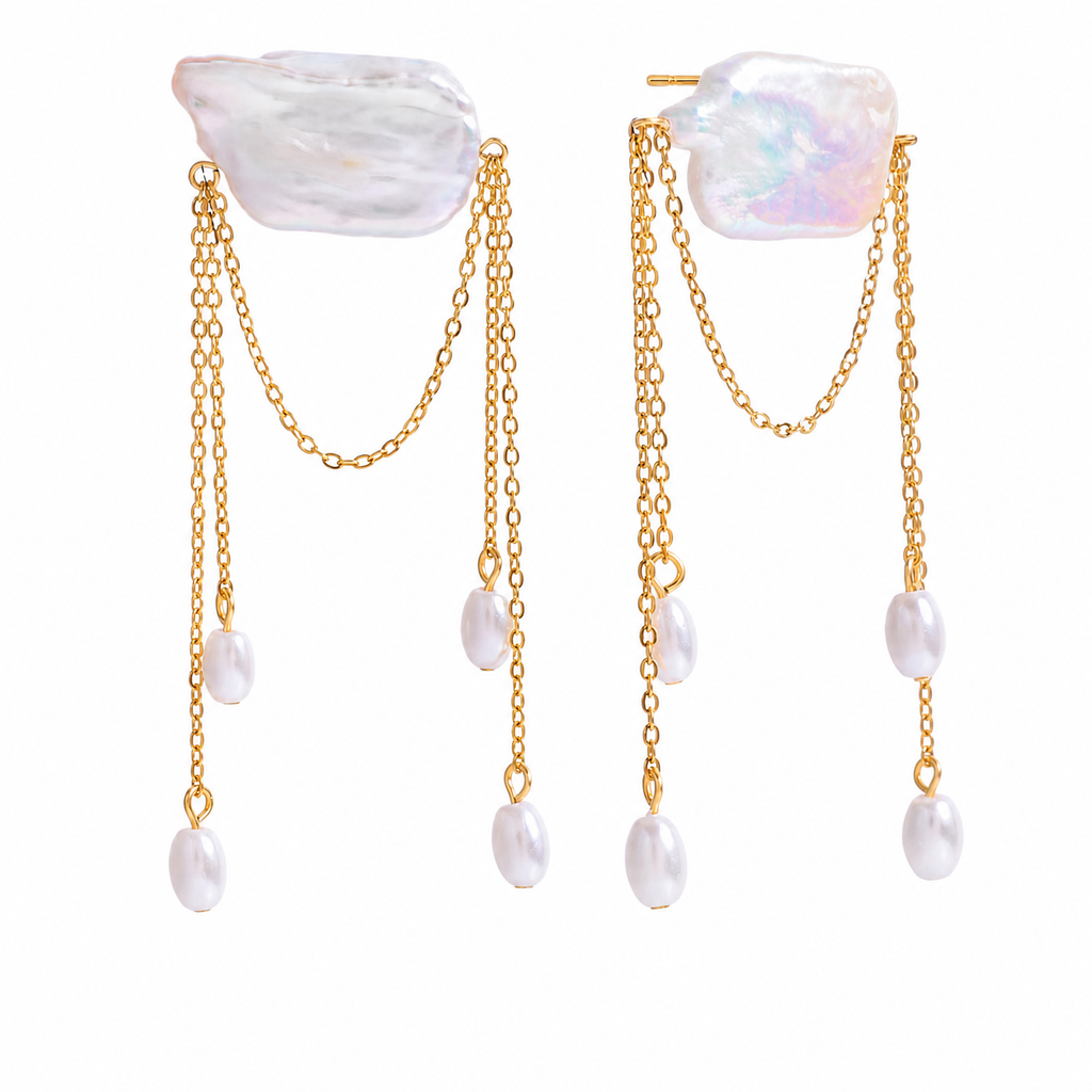 Pearl Layered Chain Drop Earrings, Gold & Silver Tones