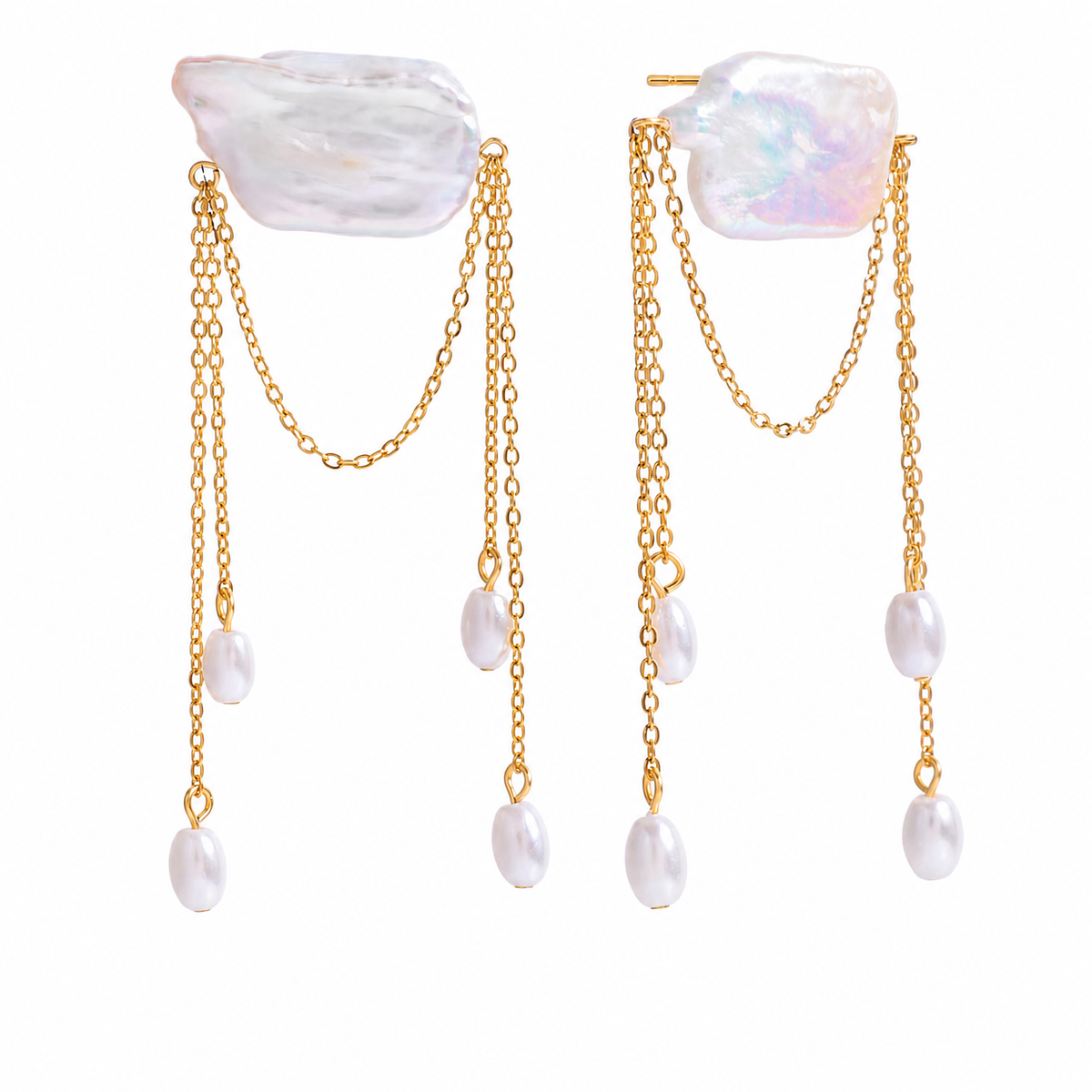 Pearl Layered Chain Drop Earrings, Gold & Silver Tones