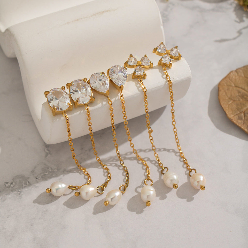 Stone & Pearl Chain Drop Earrings, 5 Shape Options