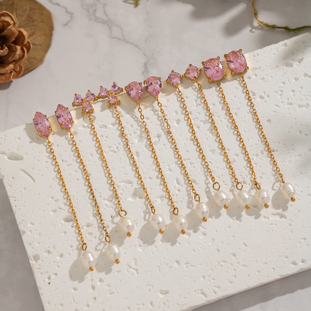 Stone & Pearl Chain Drop Earrings, 5 Shape Options