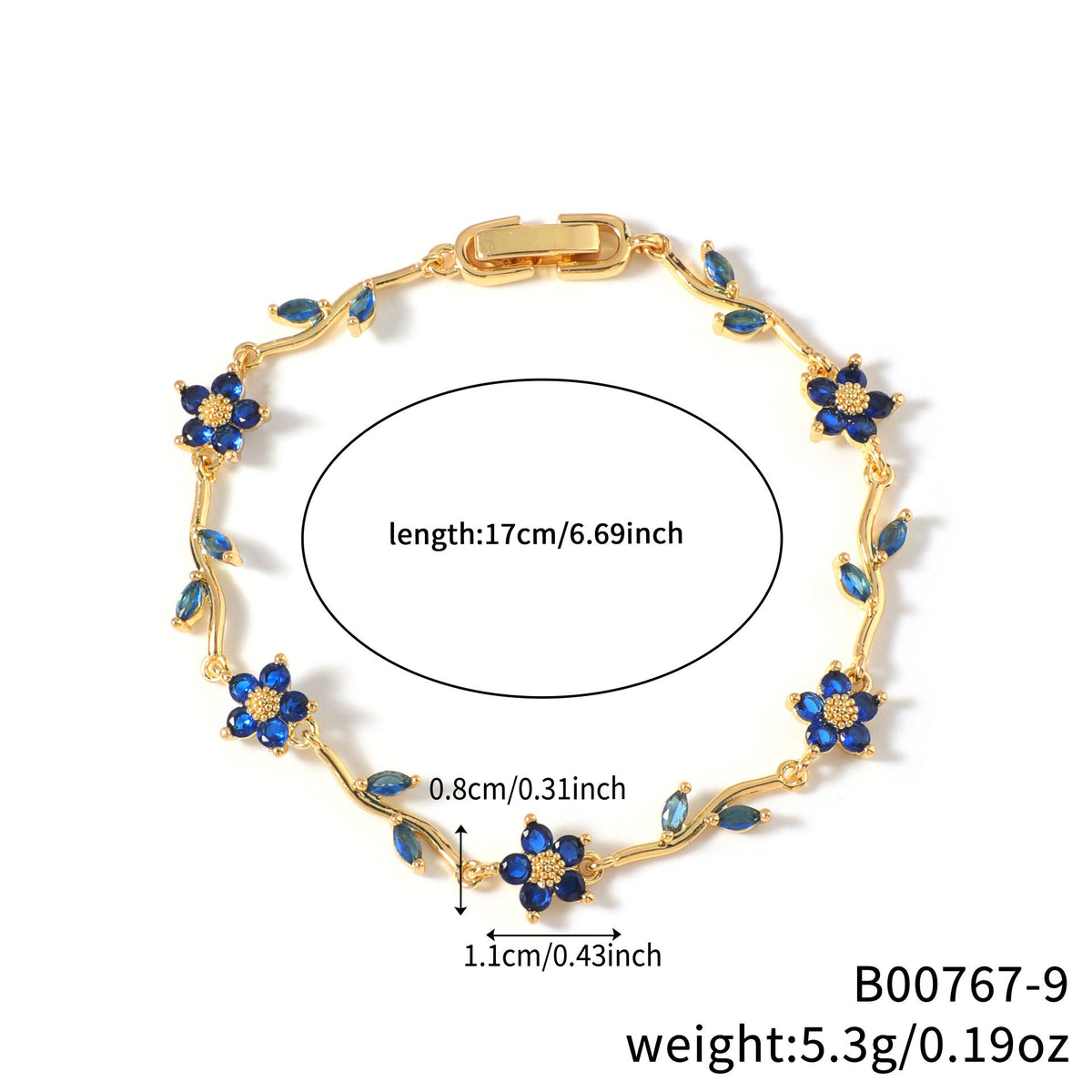 Blue Crystal Floral Vine Bracelet, Gold Plated Brass Marquise Leaf Detail