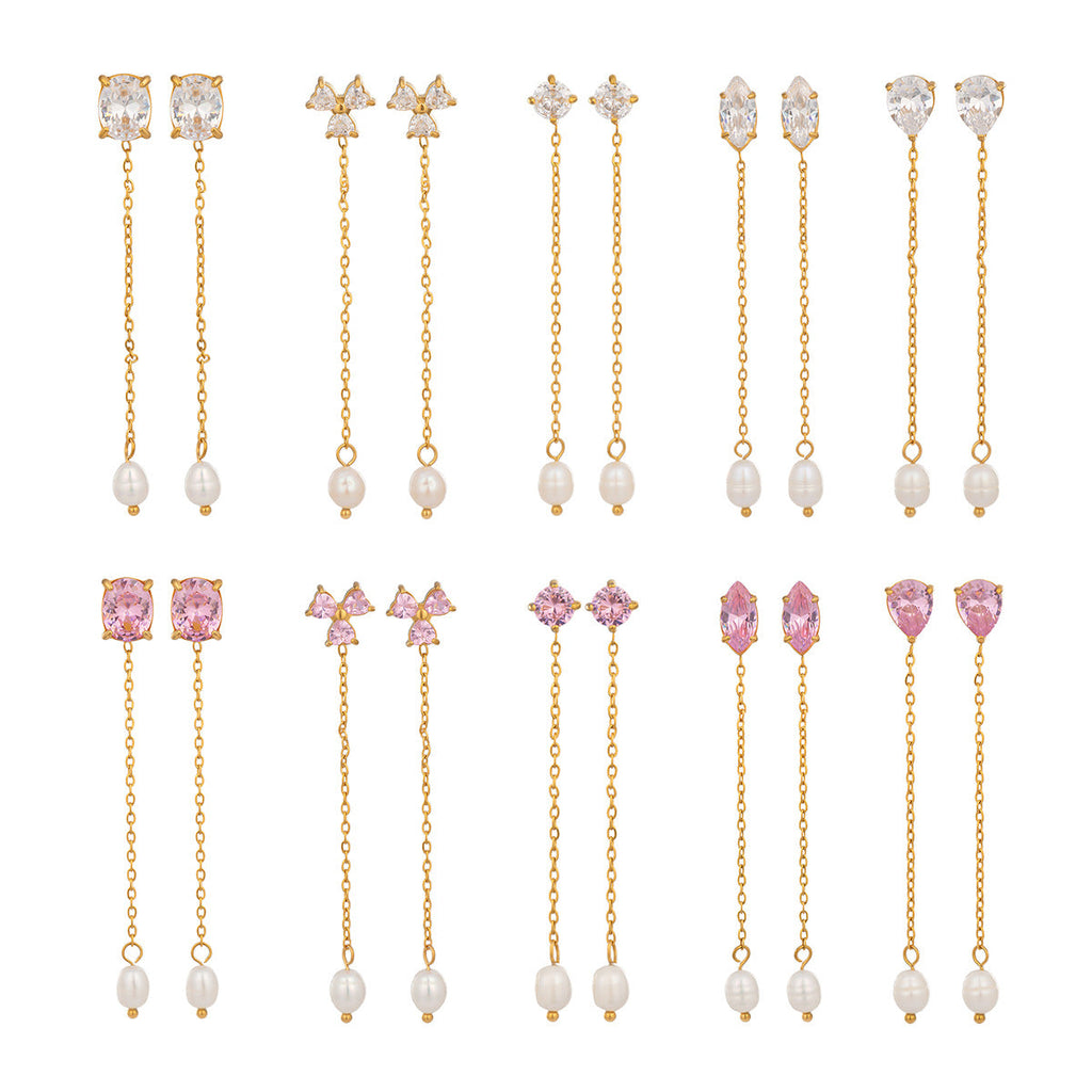 Stone & Pearl Chain Drop Earrings, 5 Shape Options