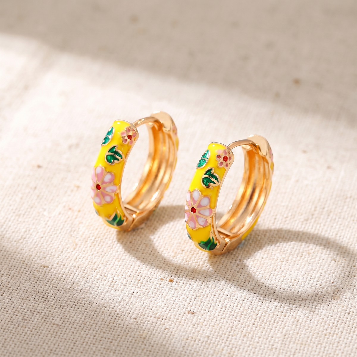 Floral Enamel Chunky Huggie Hoop Earrings, 6 Colorways