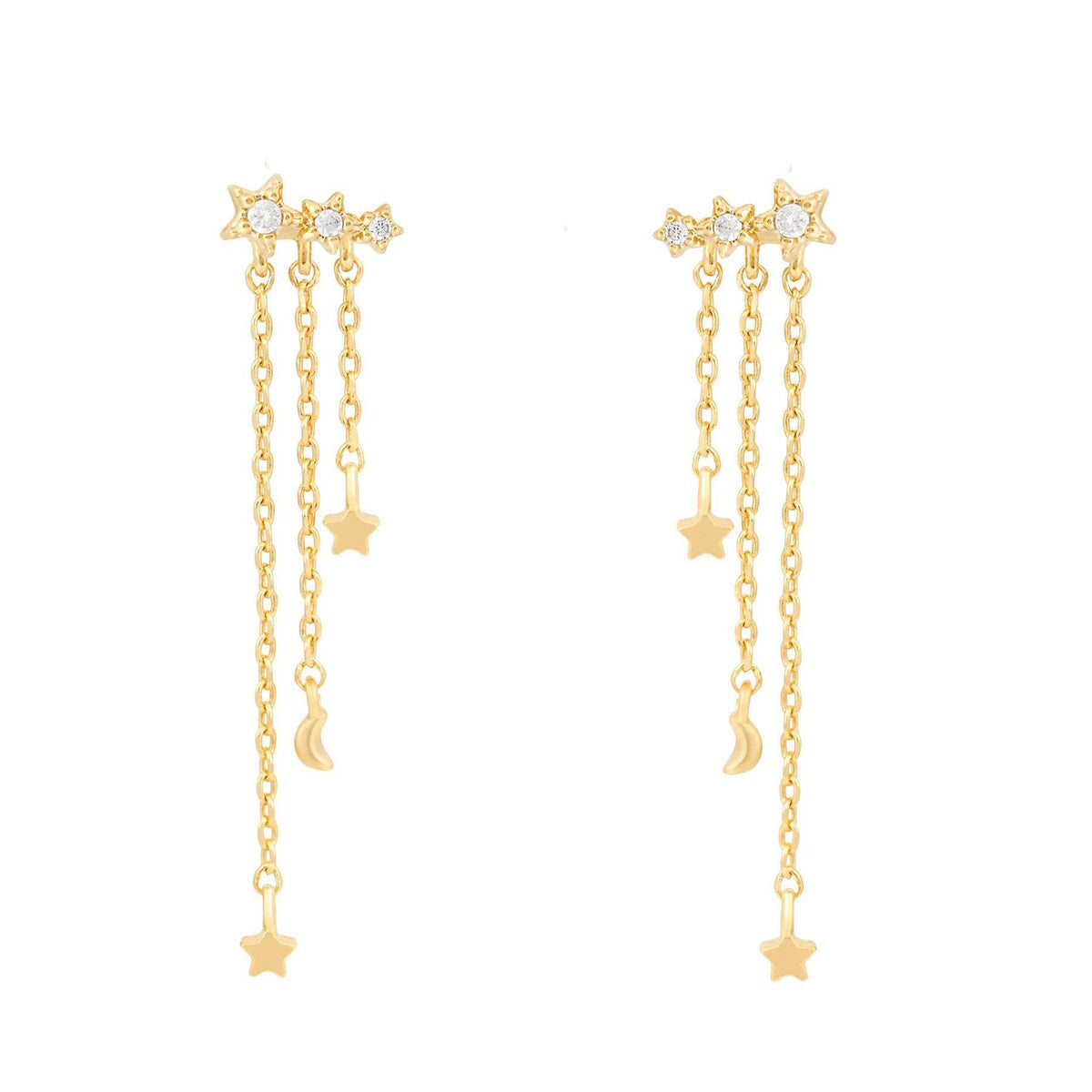 Celestial Star & Moon Chain Drop Earrings, Whimsical Charm