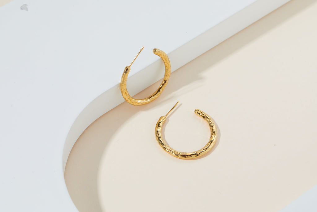 Textured Hammered Gold Open Hoop Earrings, Molten Finish