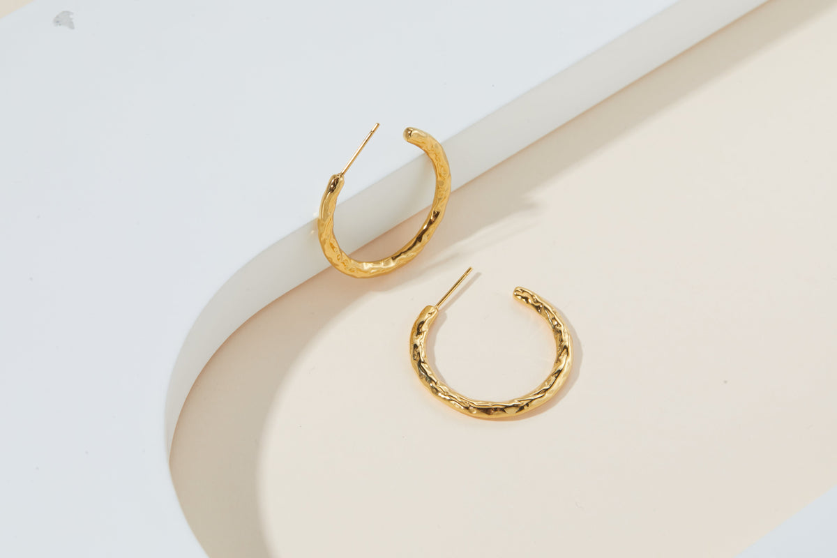 Textured Hammered Gold Open Hoop Earrings, Molten Finish