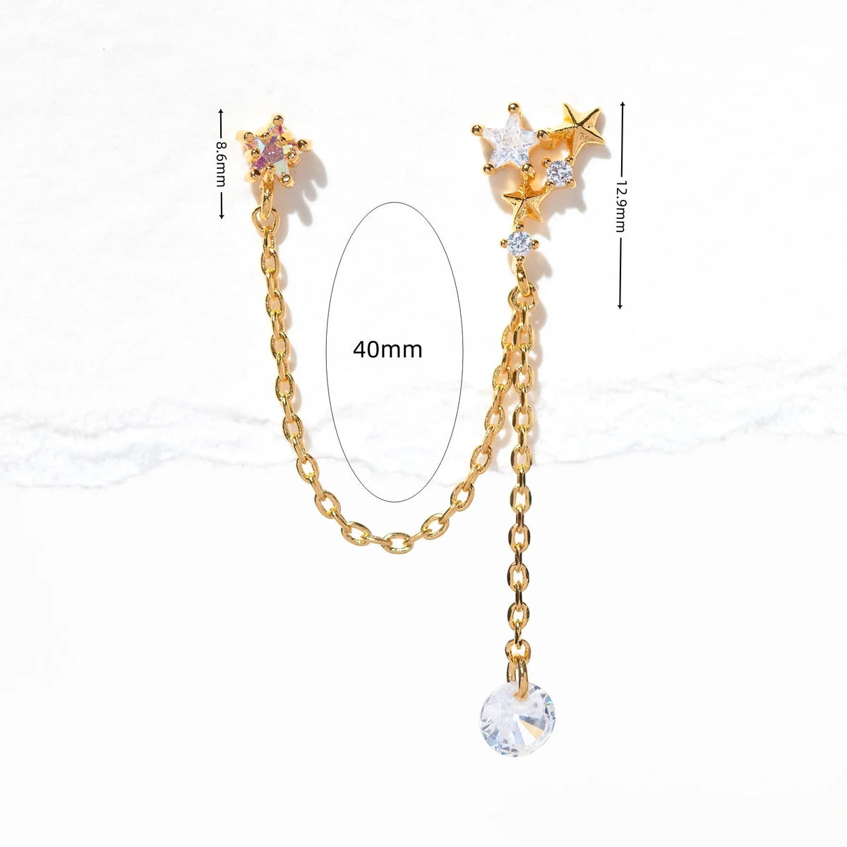 CZ Celestial Chain Earrings, Asymmetric Star Design
