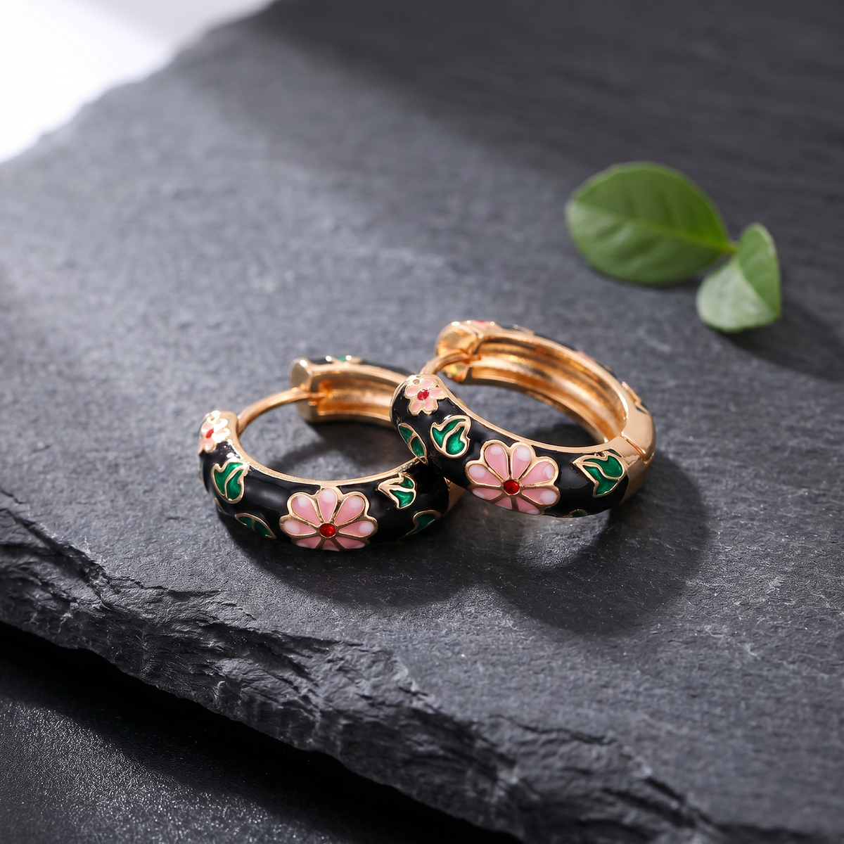 Floral Enamel Chunky Huggie Hoop Earrings, 6 Colorways