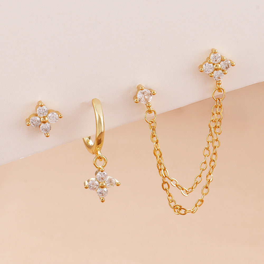 3-Piece Crystal Floral Single-Ear Stacking Earring Set