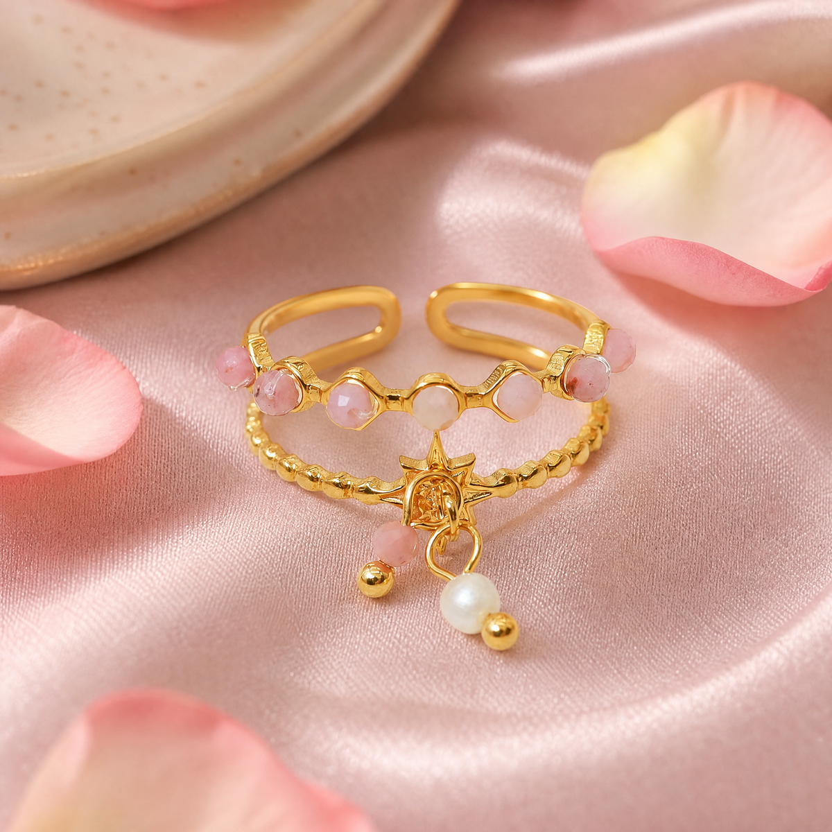 Beaded Double-Band Star Charm Ring