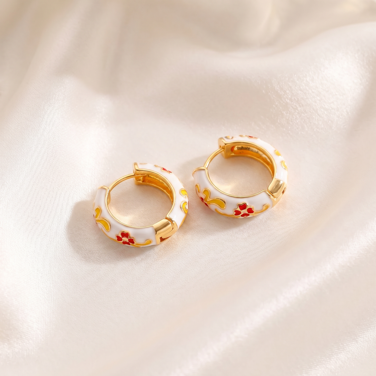 Floral Enamel Chunky Huggie Hoop Earrings, 6 Colorways