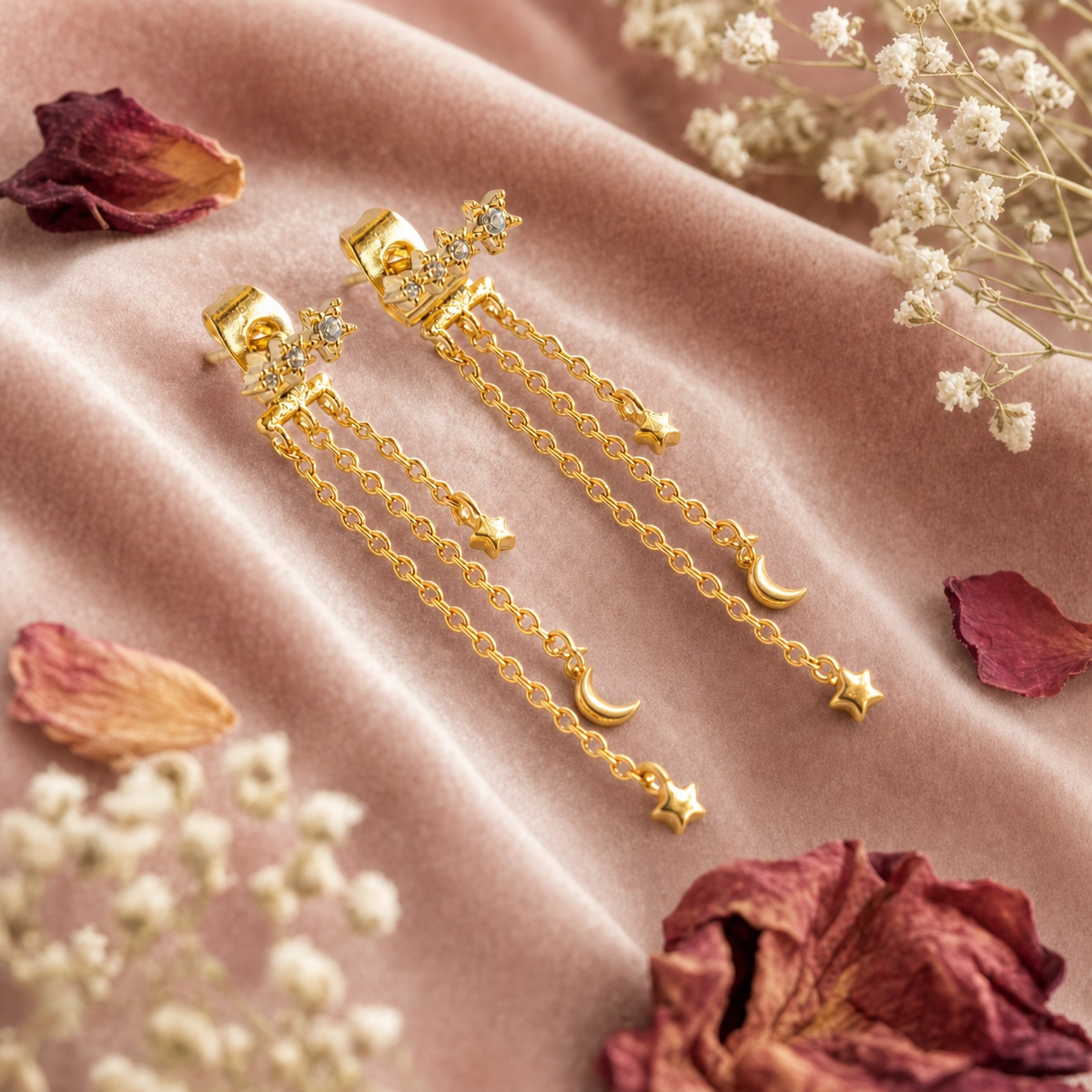 Celestial Star & Moon Chain Drop Earrings, Whimsical Charm