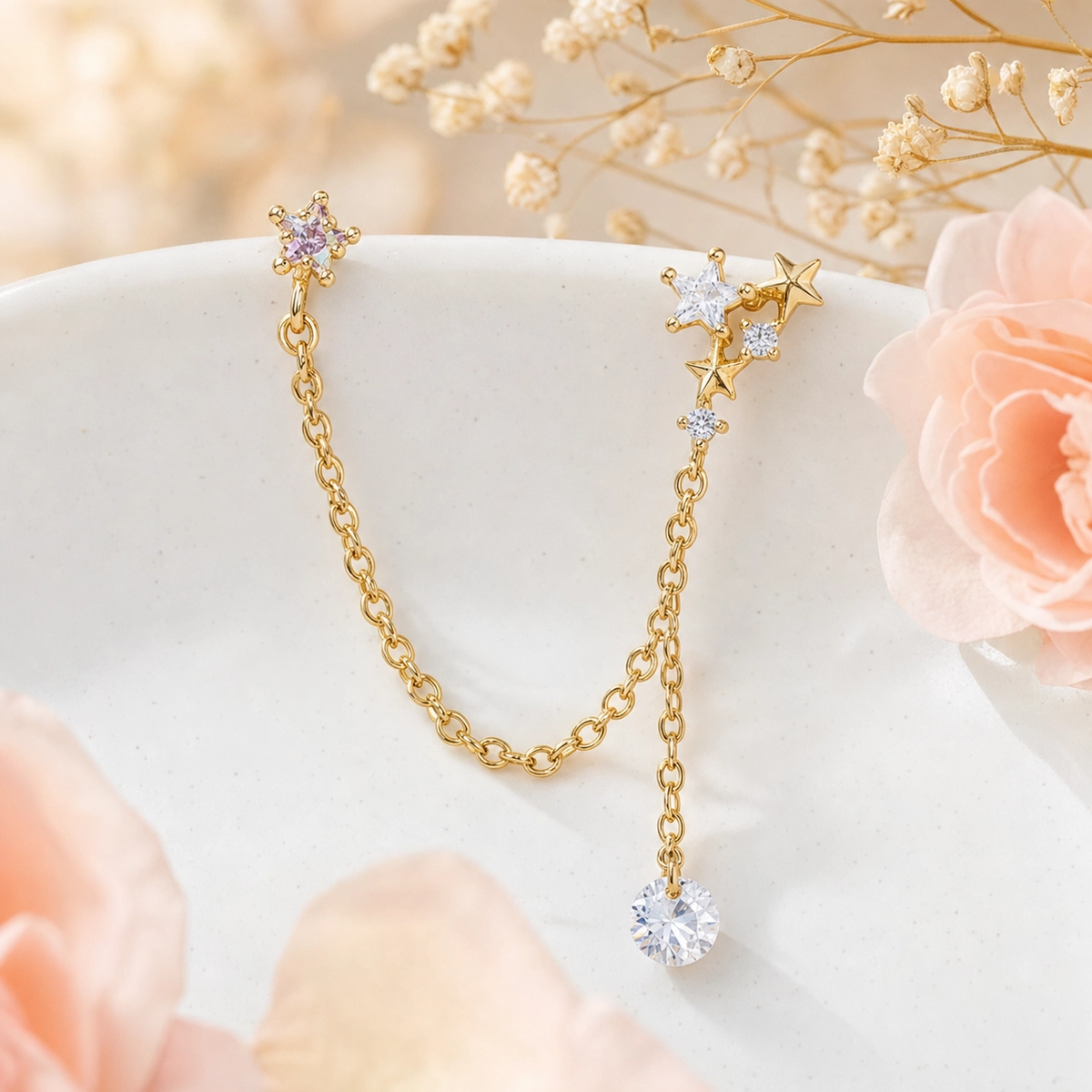 CZ Celestial Chain Earrings, Asymmetric Star Design