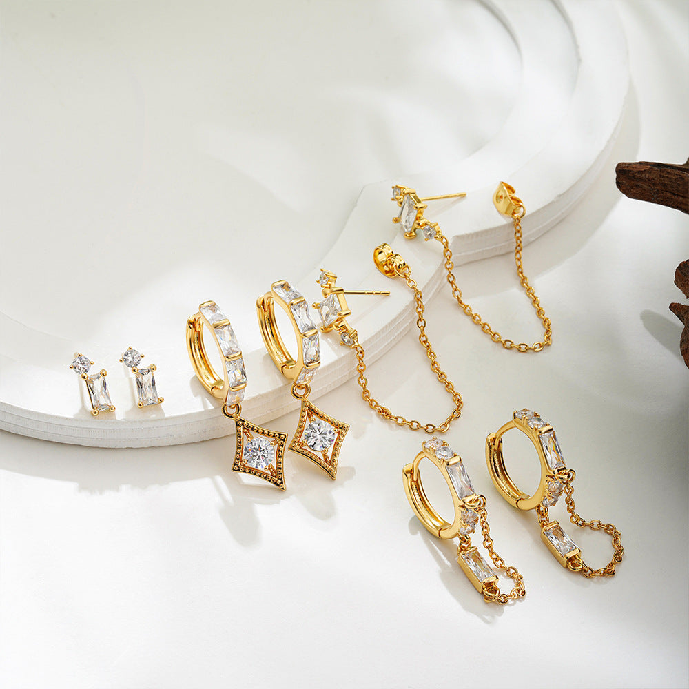 Gold Tone Crystal Drop & Hoop Earring Set, Coordinated Trio