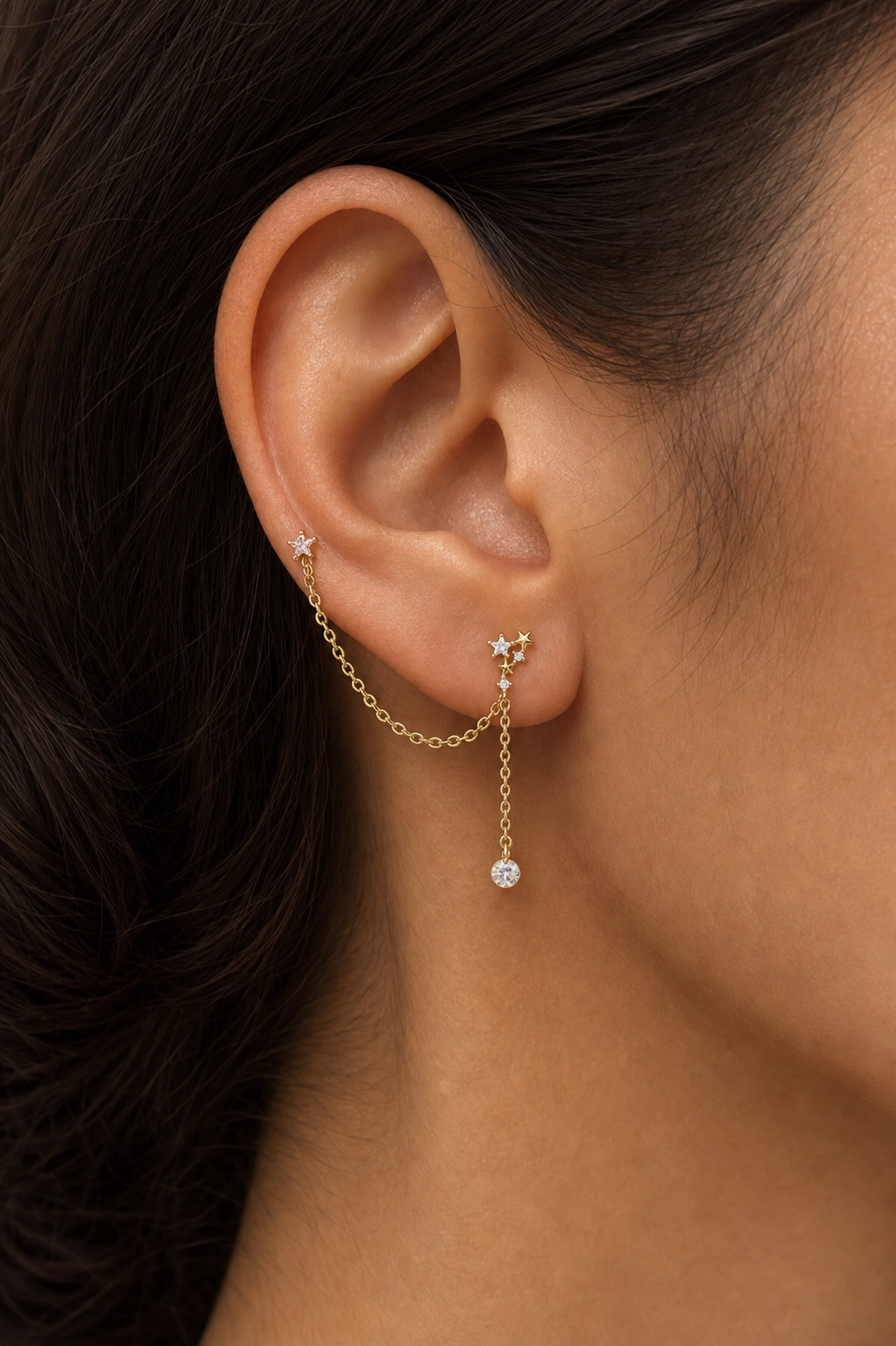 CZ Celestial Chain Earrings, Asymmetric Star Design