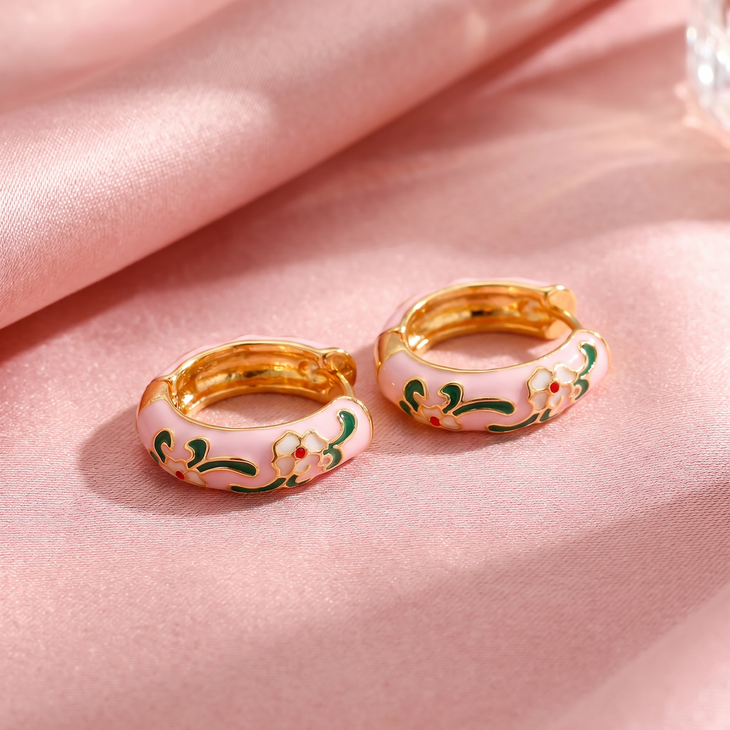 Floral Enamel Chunky Huggie Hoop Earrings, 6 Colorways