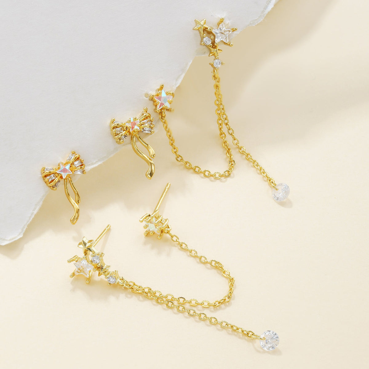 CZ Celestial Chain Earrings, Asymmetric Star Design