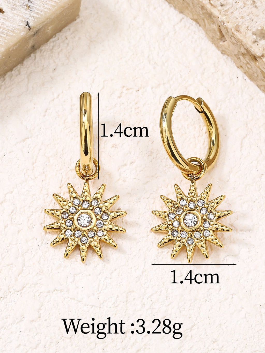 Sunburst CZ Dangle Drop Earrings, Statement Sun Motif