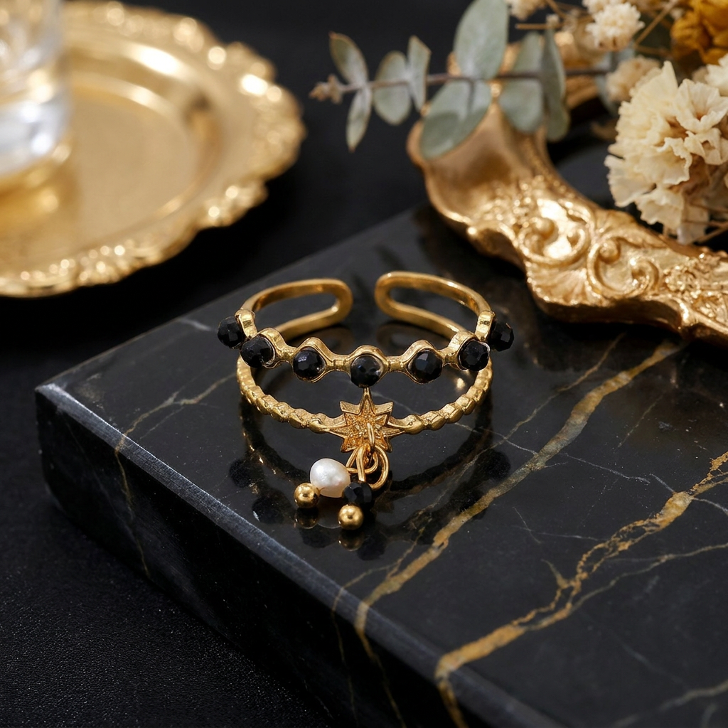Beaded Double-Band Star Charm Ring
