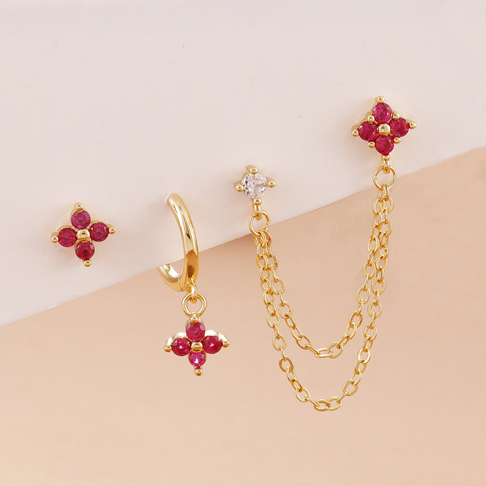 3-Piece Crystal Floral Single-Ear Stacking Earring Set