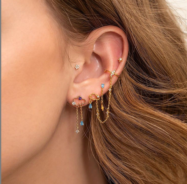 CZ Cloud Chain Drop Earrings, Multicolor Stone Accents