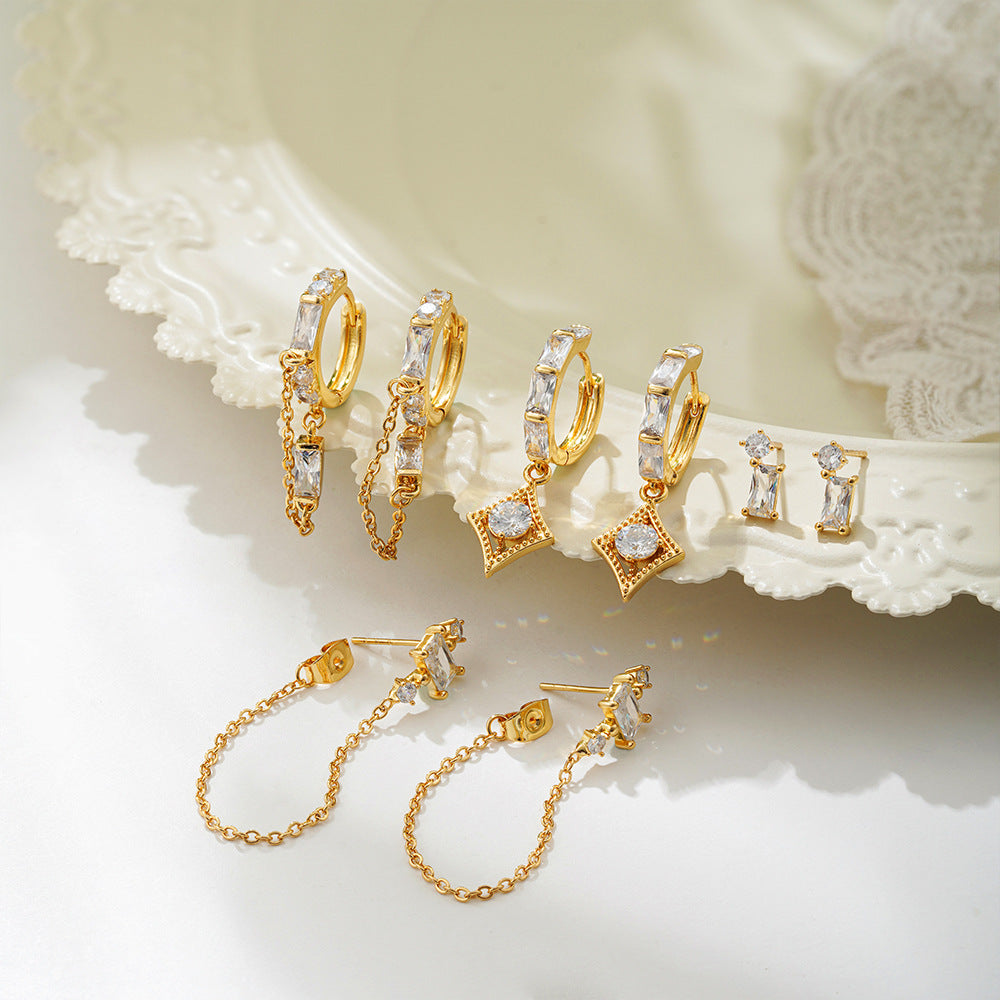 Gold Tone Crystal Drop & Hoop Earring Set, Coordinated Trio