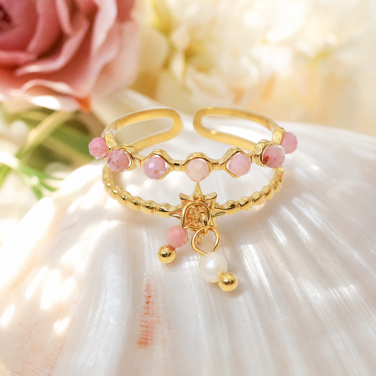 Beaded Double-Band Star Charm Ring