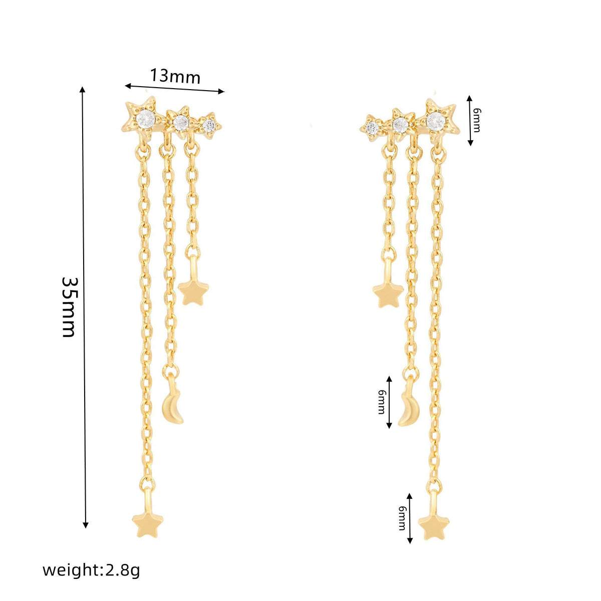 Celestial Star & Moon Chain Drop Earrings, Whimsical Charm
