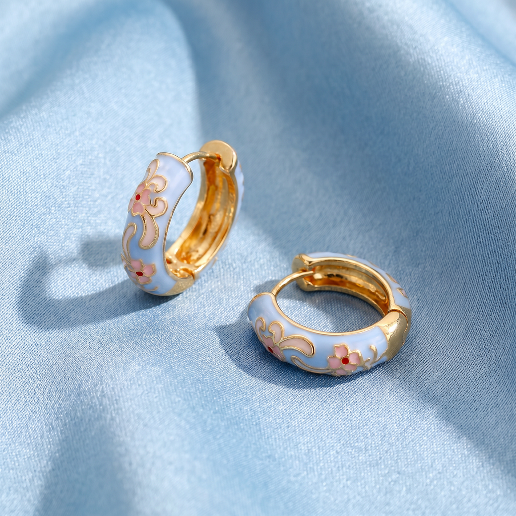 Floral Enamel Chunky Huggie Hoop Earrings, 6 Colorways