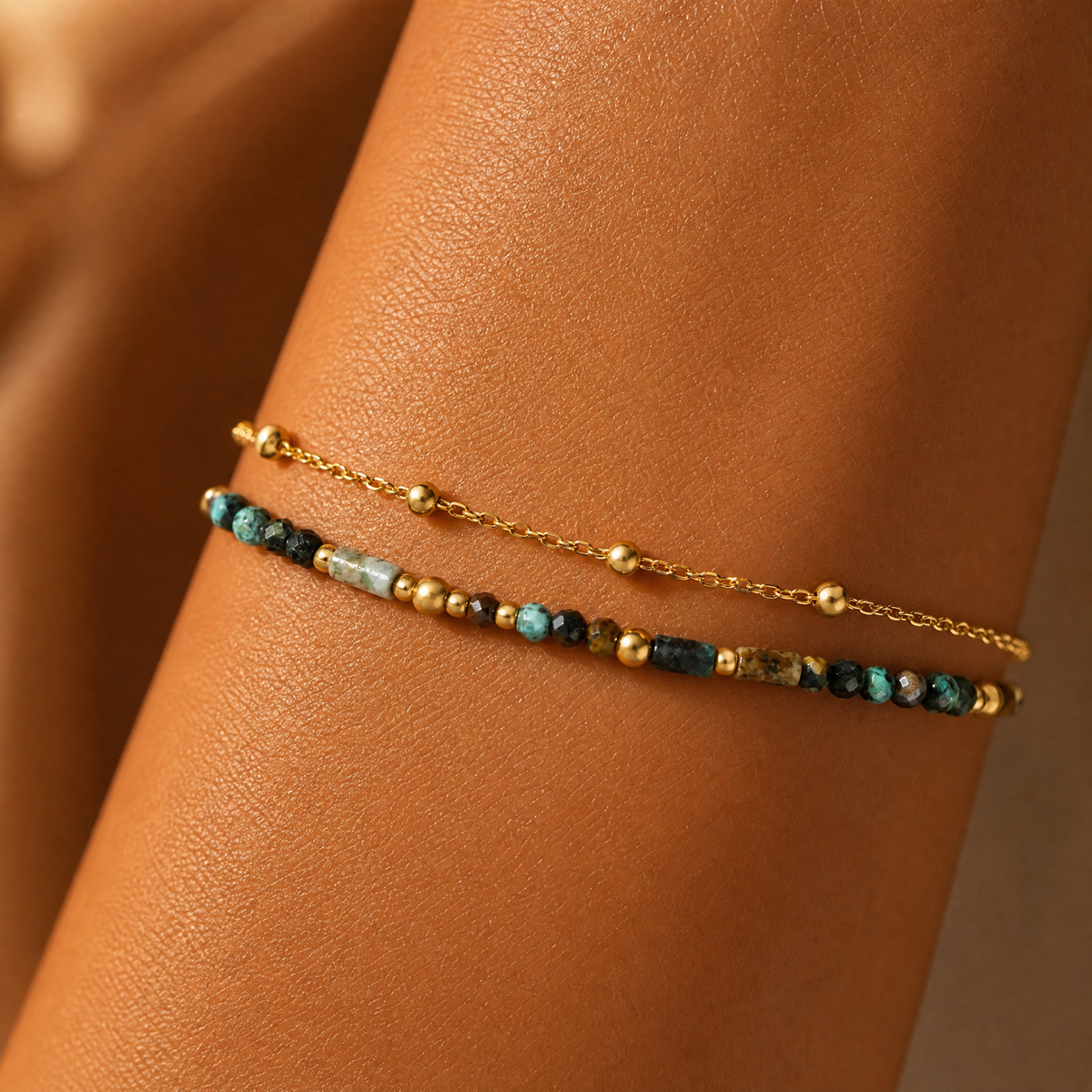 14K gold plated double layer beaded boho chain bracelet