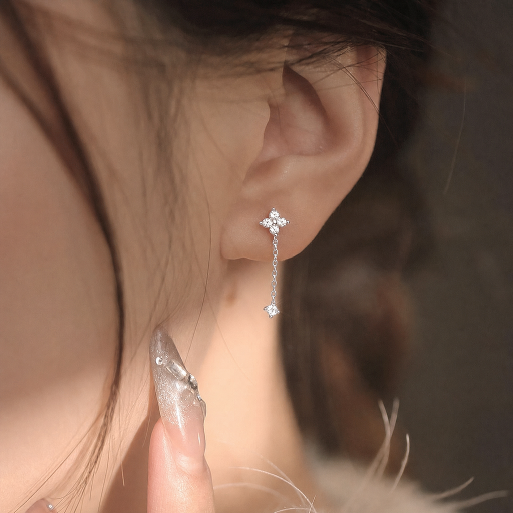 Sterling Silver Floral Crystal Chain Drop Earrings, Four-Petal