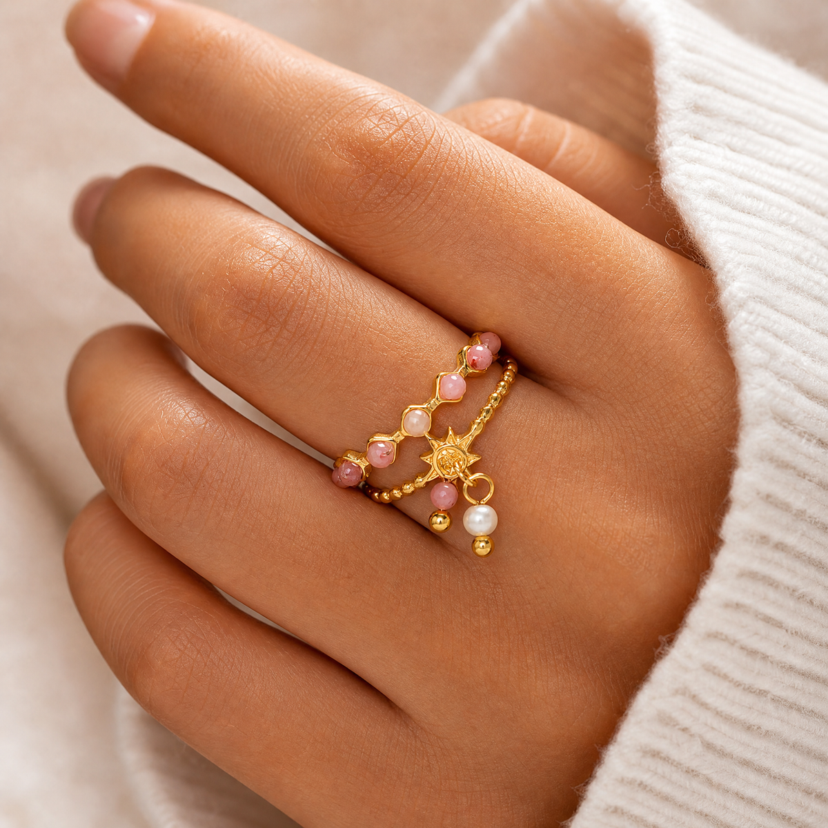 Beaded Double-Band Star Charm Ring