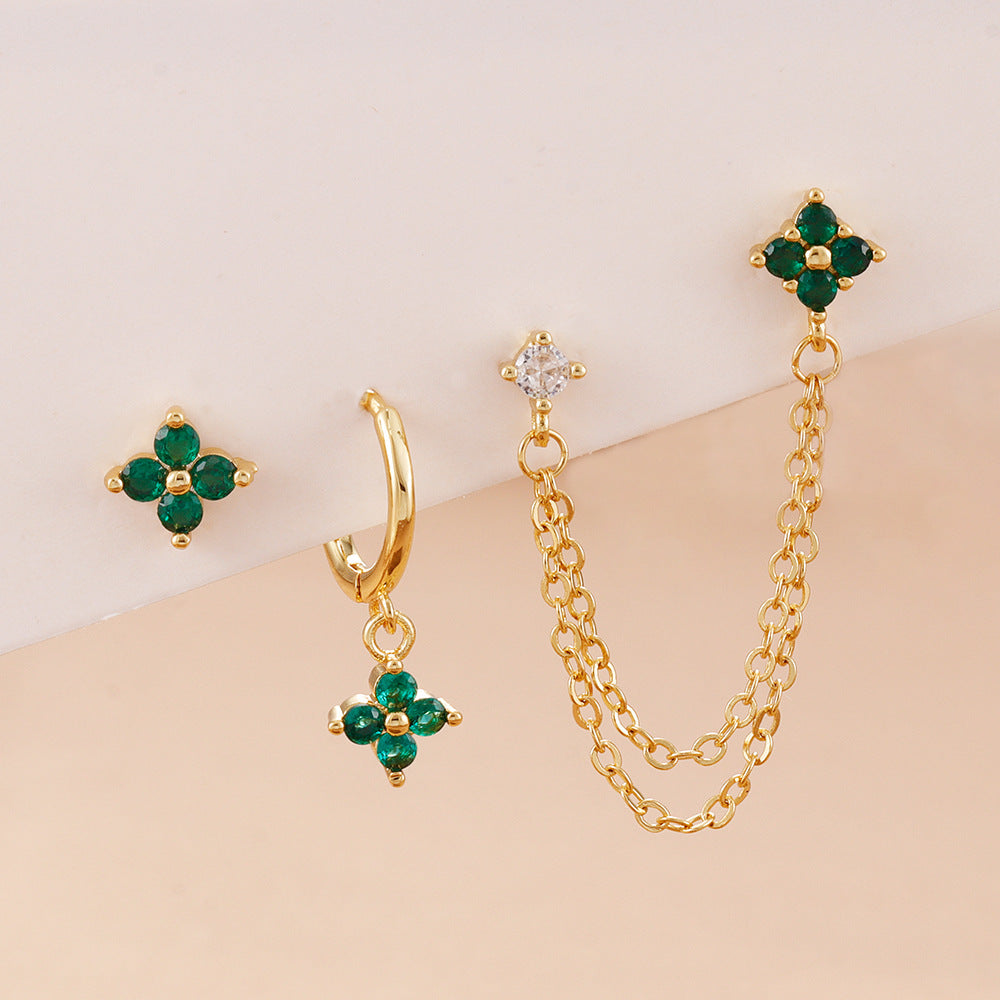 3-Piece Crystal Floral Single-Ear Stacking Earring Set
