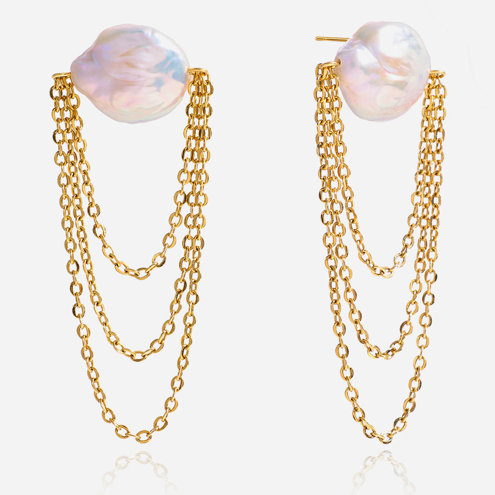 Pearl Layered Chain Drop Earrings, Gold & Silver Tones