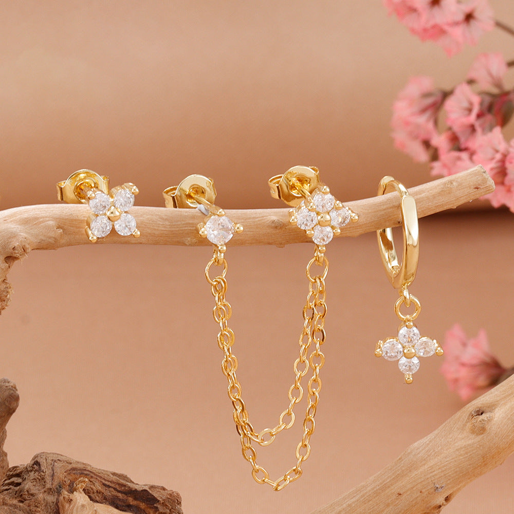 3-Piece Crystal Floral Single-Ear Stacking Earring Set