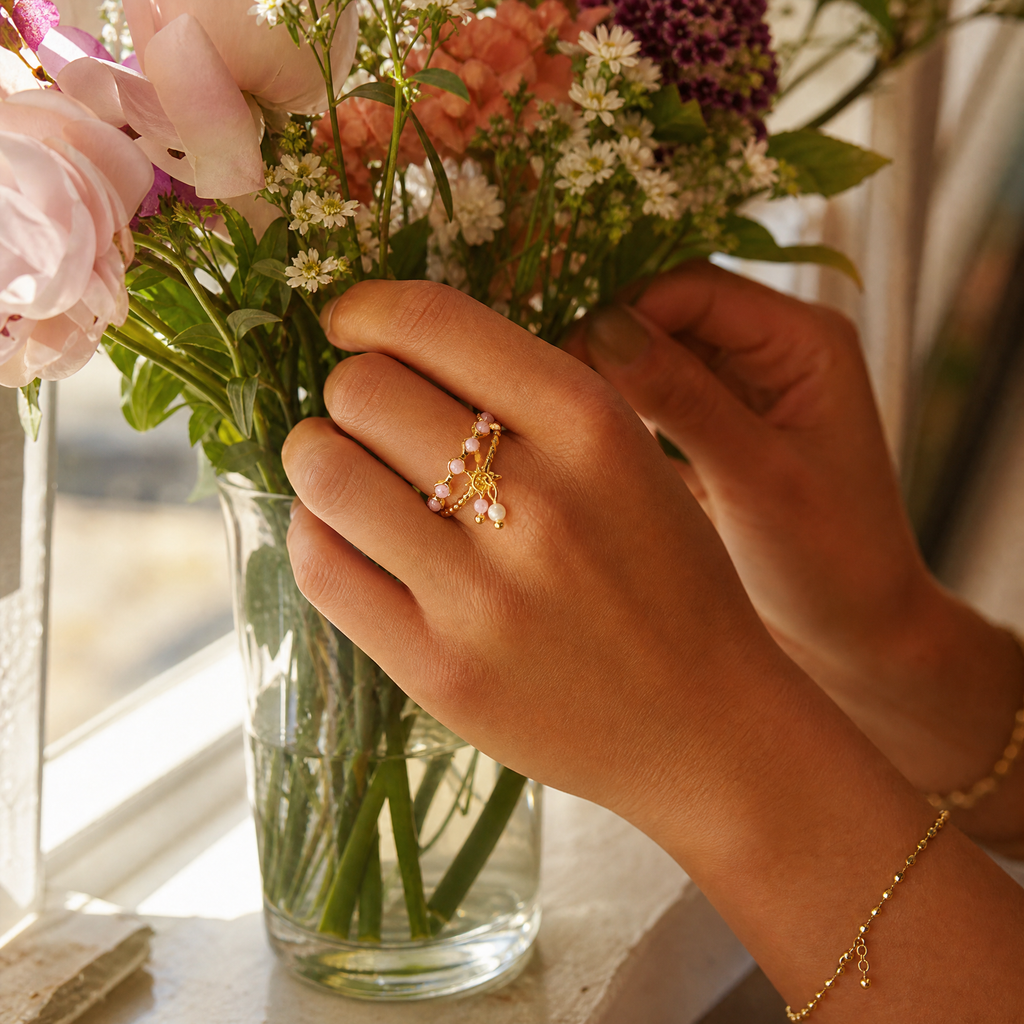Beaded Double-Band Star Charm Ring
