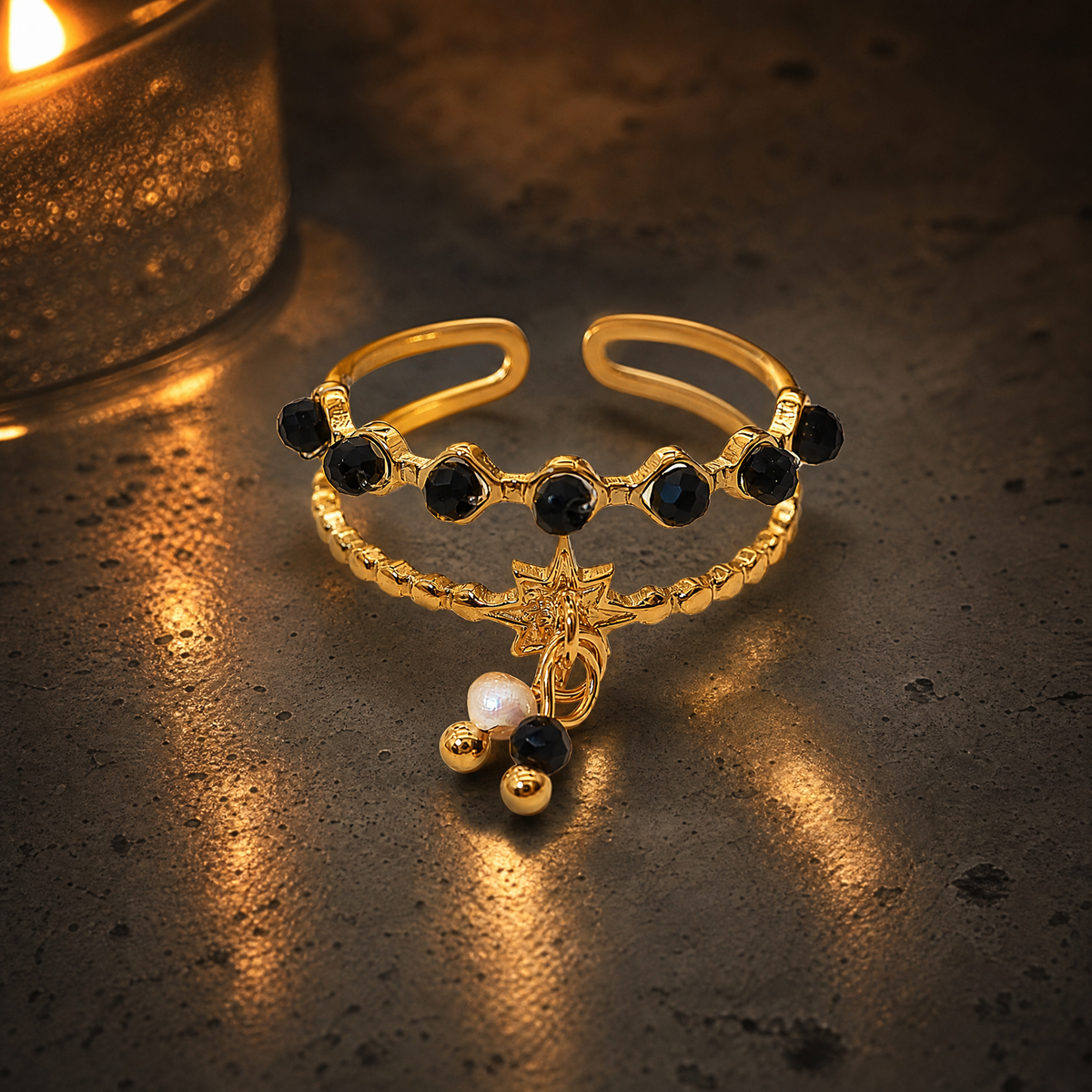 Beaded Double-Band Star Charm Ring