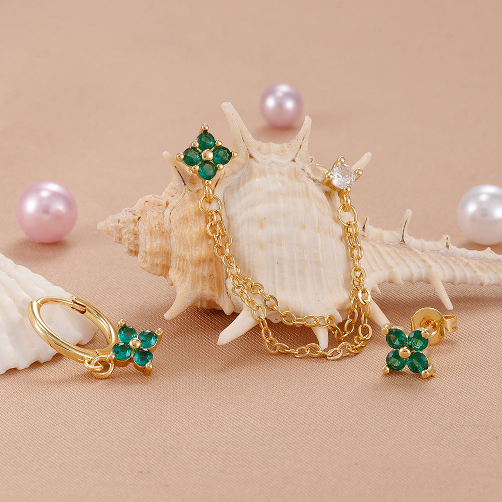 3-Piece Crystal Floral Single-Ear Stacking Earring Set