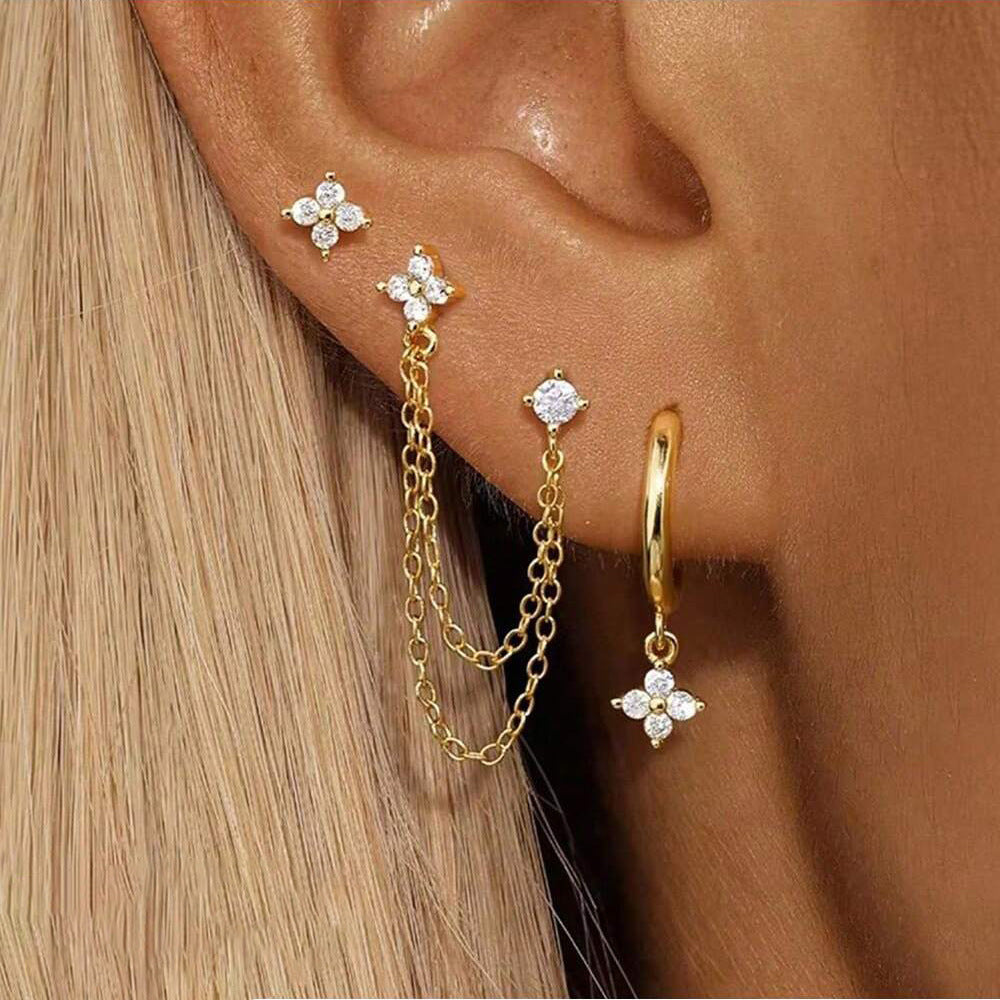 3-Piece Crystal Floral Single-Ear Stacking Earring Set