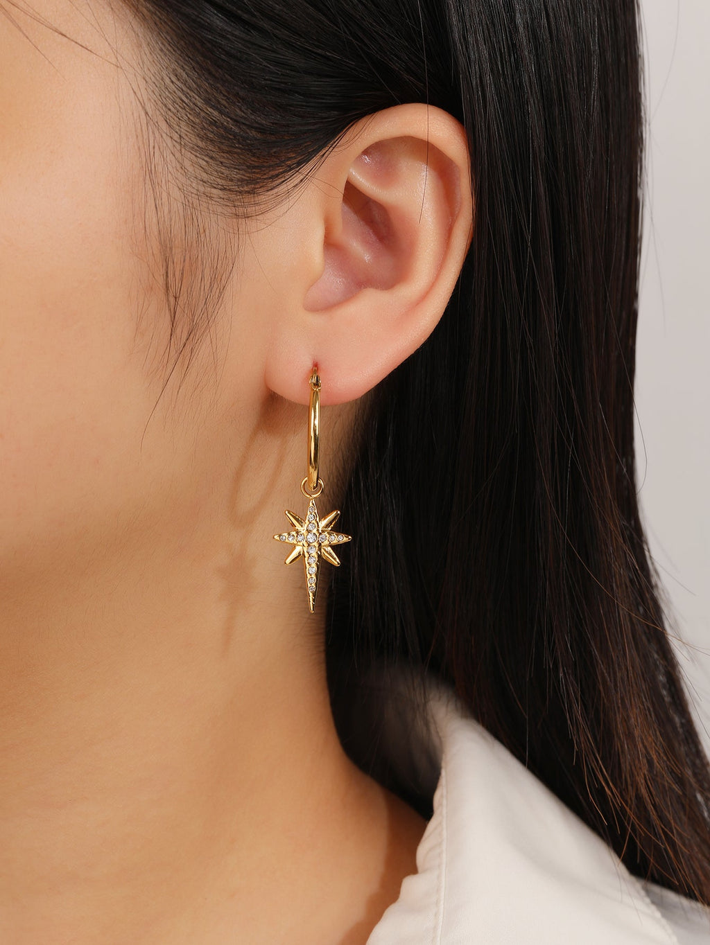 Pave North Star Dangle Hoop Earrings, Celestial Charm