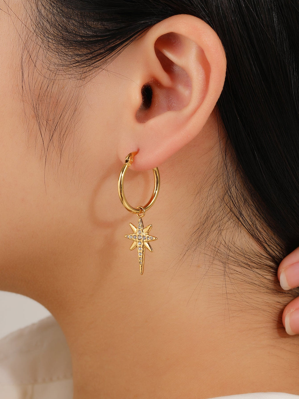 Pave North Star Dangle Hoop Earrings, Celestial Charm