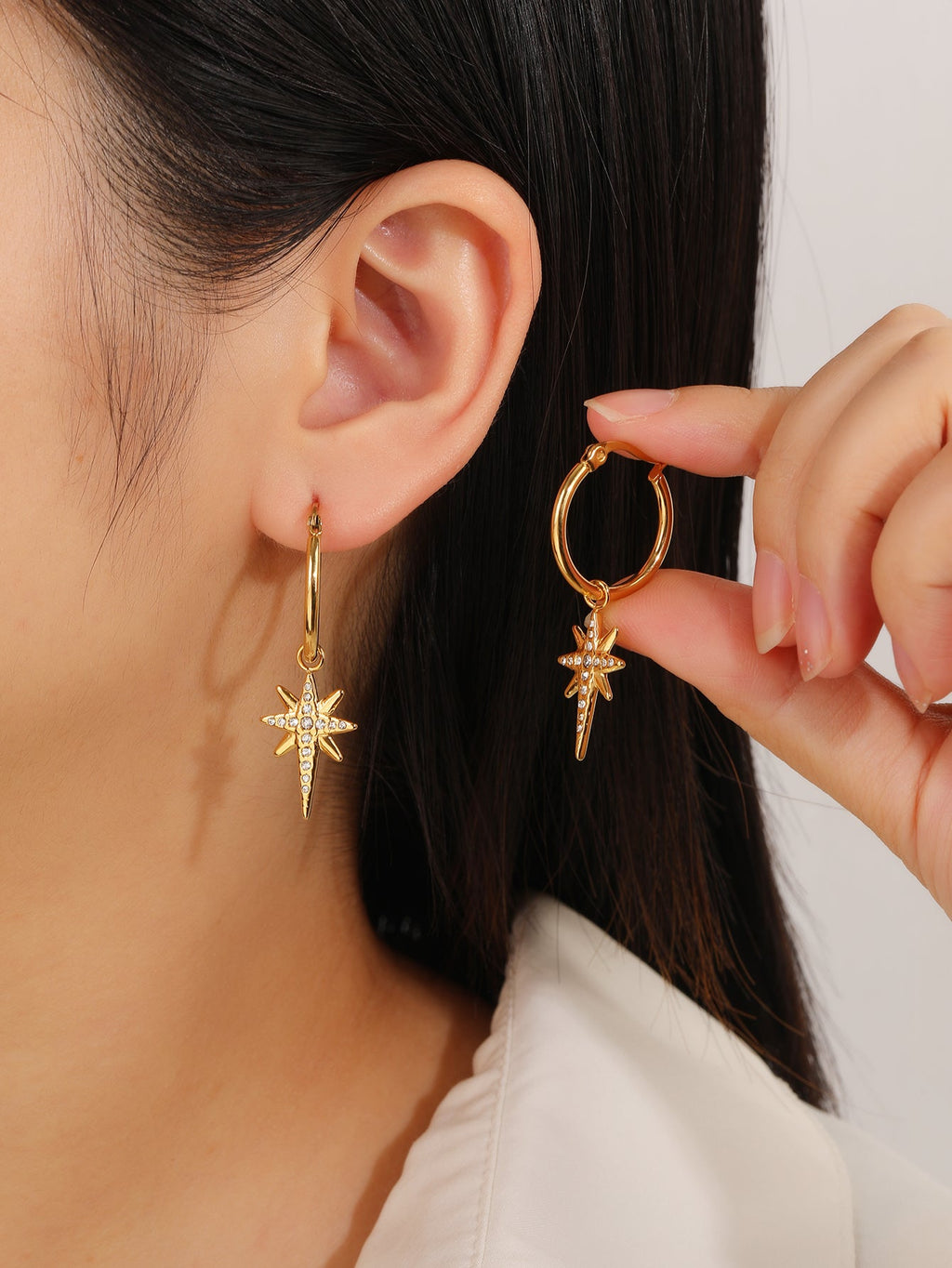 Pave North Star Dangle Hoop Earrings, Celestial Charm