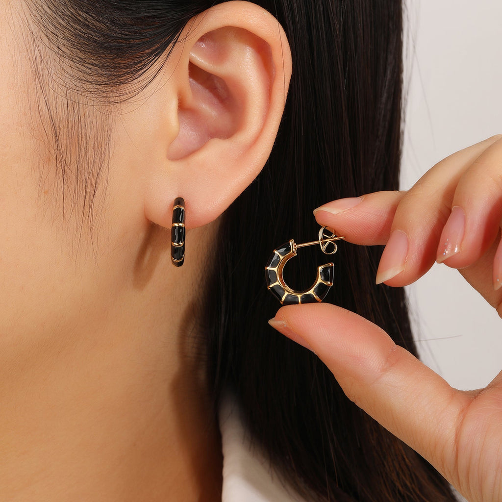 Enamel Gold Hoop Earrings, Compact Vintage 2cm