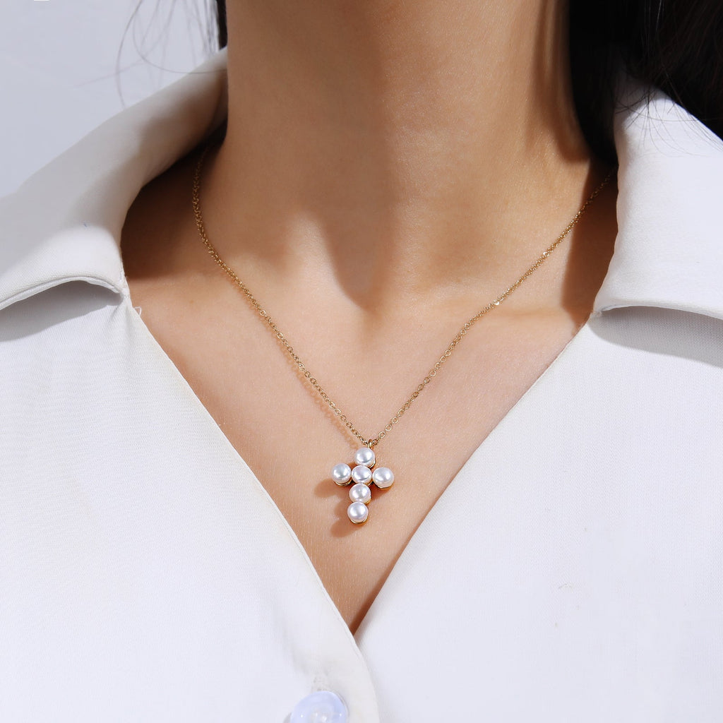 Pearl-Adorned Cross Pendant Necklace