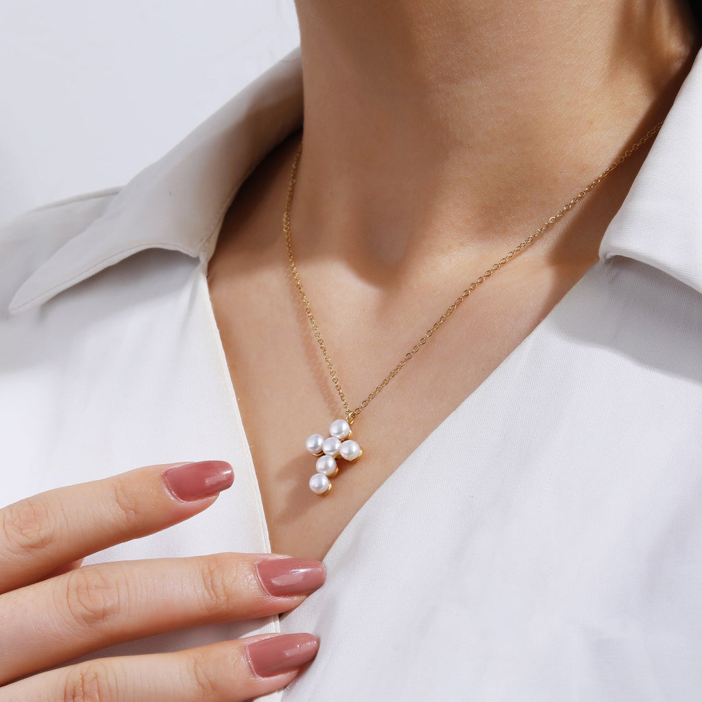 Pearl-Adorned Cross Pendant Necklace