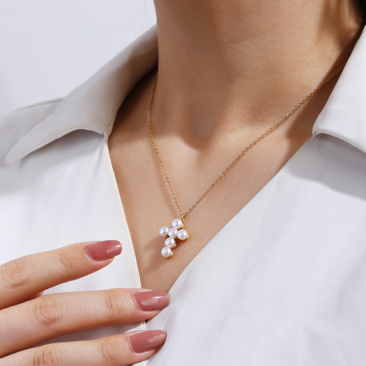 Pearl-Adorned Cross Pendant Necklace